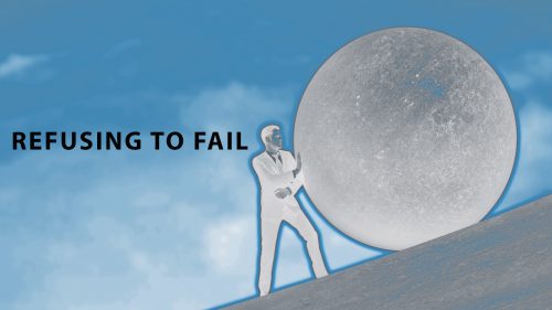 Man Pushing Rock Uphill and Refusing to Fail